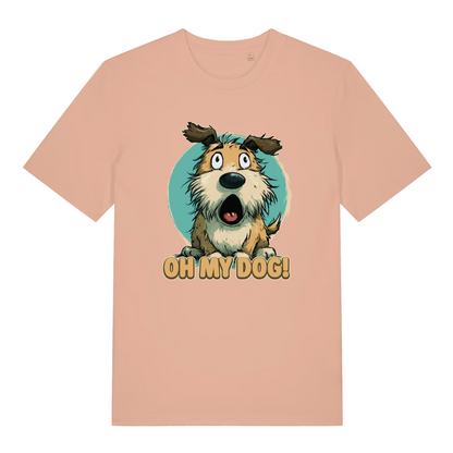 peach women's funny animal t-shirt with the graphic of a cartoon dog looking shocked and the slogan 'oh my dog'