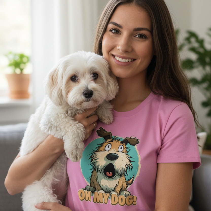 Woman holding a small white dog wearing a pink t-shirt with a cartoon dog design.