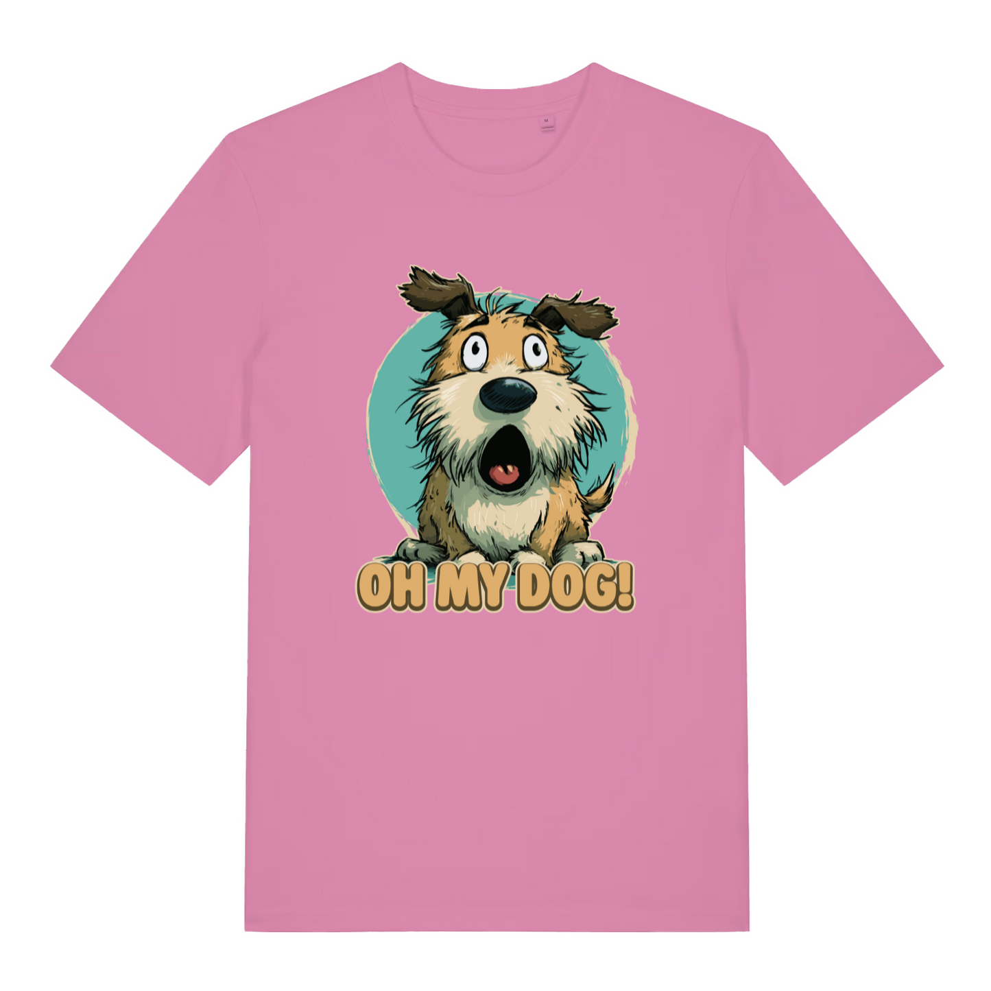 pink women's funny animal t-shirt with the graphic of a cartoon dog looking shocked and the slogan 'oh my dog'