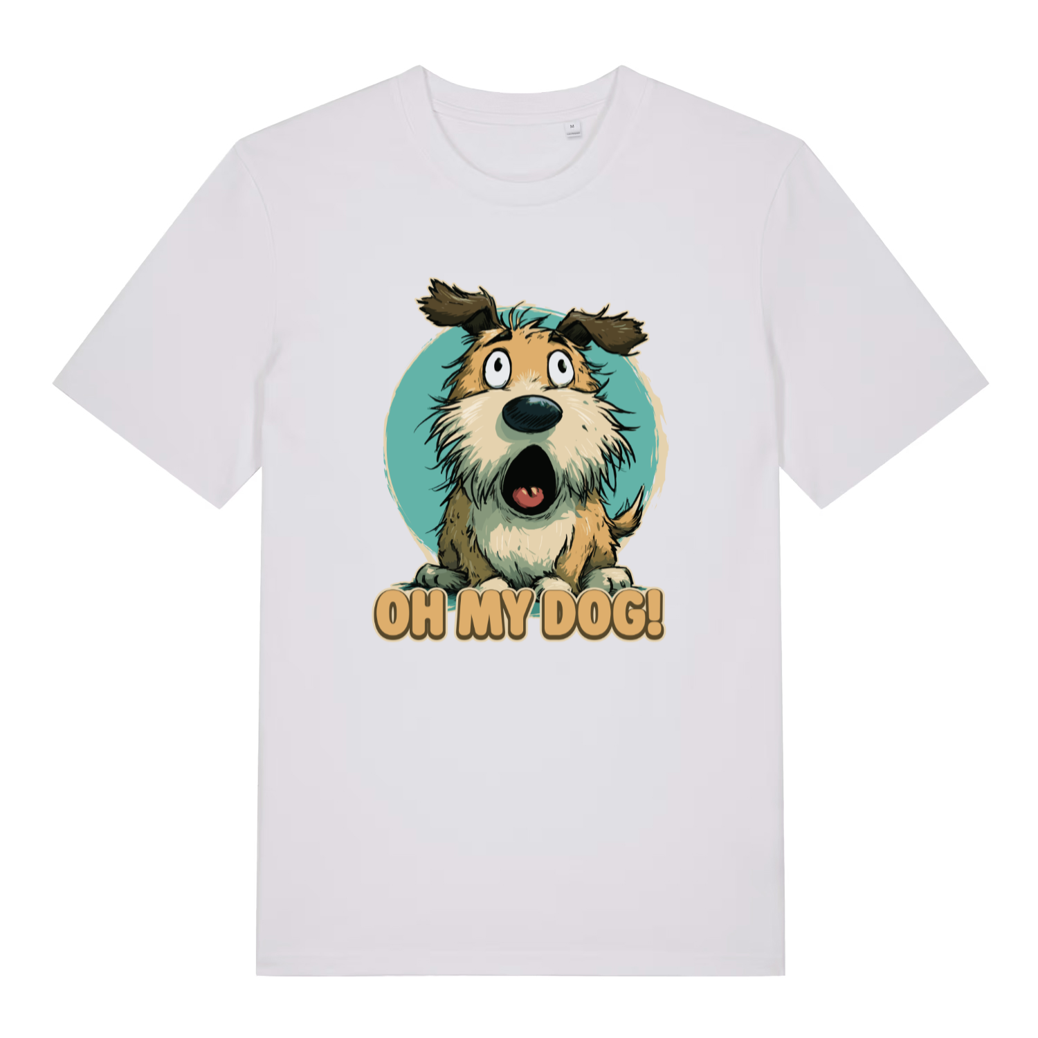 white women's funny animal t-shirt with the graphic of a cartoon dog looking shocked and the slogan 'oh my dog'