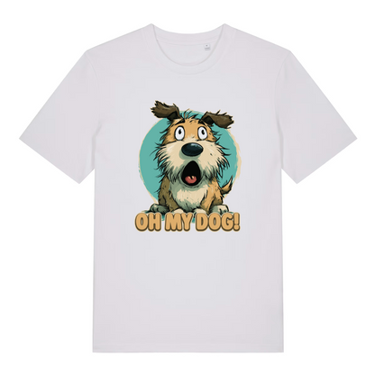 white women's funny animal t-shirt with the graphic of a cartoon dog looking shocked and the slogan 'oh my dog'