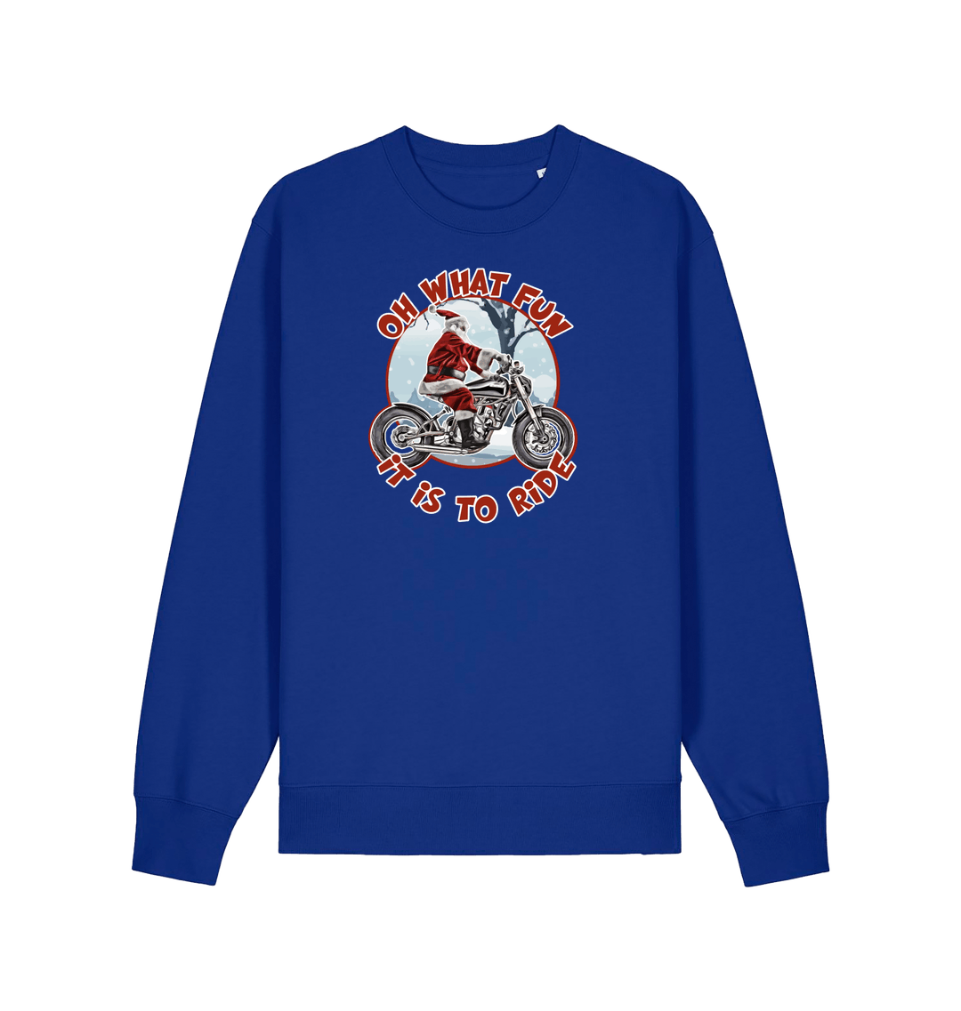 blue christmas sweater with the graphic of santa riding a motorbike and the slogan 'oh what fun it is to ride'