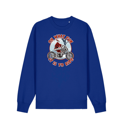 blue christmas sweater with the graphic of santa riding a motorbike and the slogan 'oh what fun it is to ride'