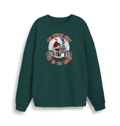green christmas sweater with the graphic of santa riding a motorbike and the slogan 'oh what fun it is to ride'