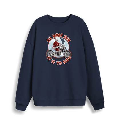 navy christmas sweater with the graphic of santa riding a motorbike and the slogan 'oh what fun it is to ride'