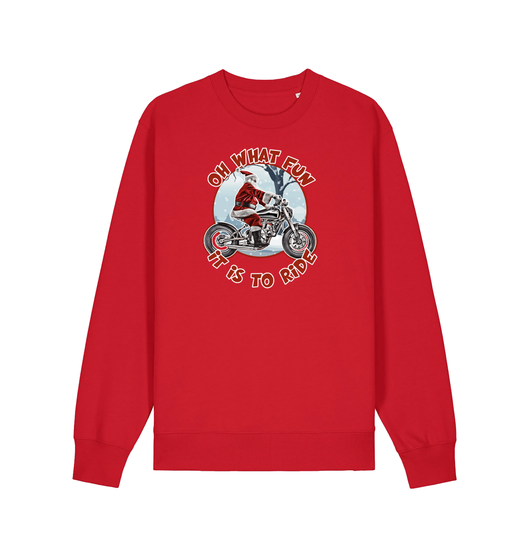 red christmas sweater with the graphic of santa riding a motorbike and the slogan 'oh what fun it is to ride'