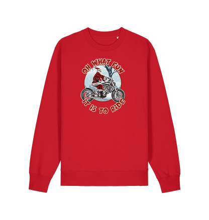red christmas sweater with the graphic of santa riding a motorbike and the slogan 'oh what fun it is to ride'