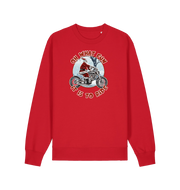 red christmas sweater with the graphic of santa riding a motorbike and the slogan 'oh what fun it is to ride'