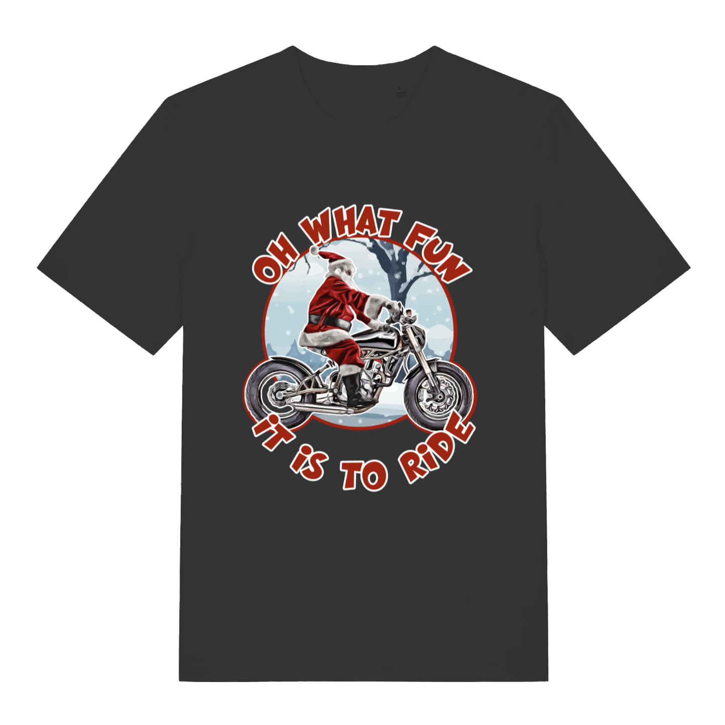 Black Oh What Fun It Is To Ride funny graphic t-shirt with Santa on motorcycle  
