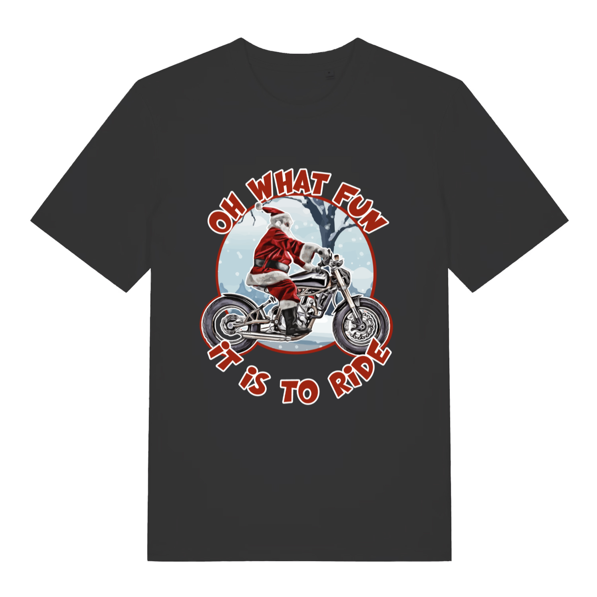 Black Oh What Fun It Is To Ride funny graphic t-shirt with Santa on motorcycle  