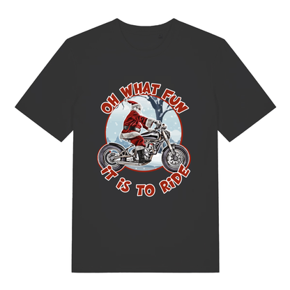 Black Oh What Fun It Is To Ride funny graphic t-shirt with Santa on motorcycle  