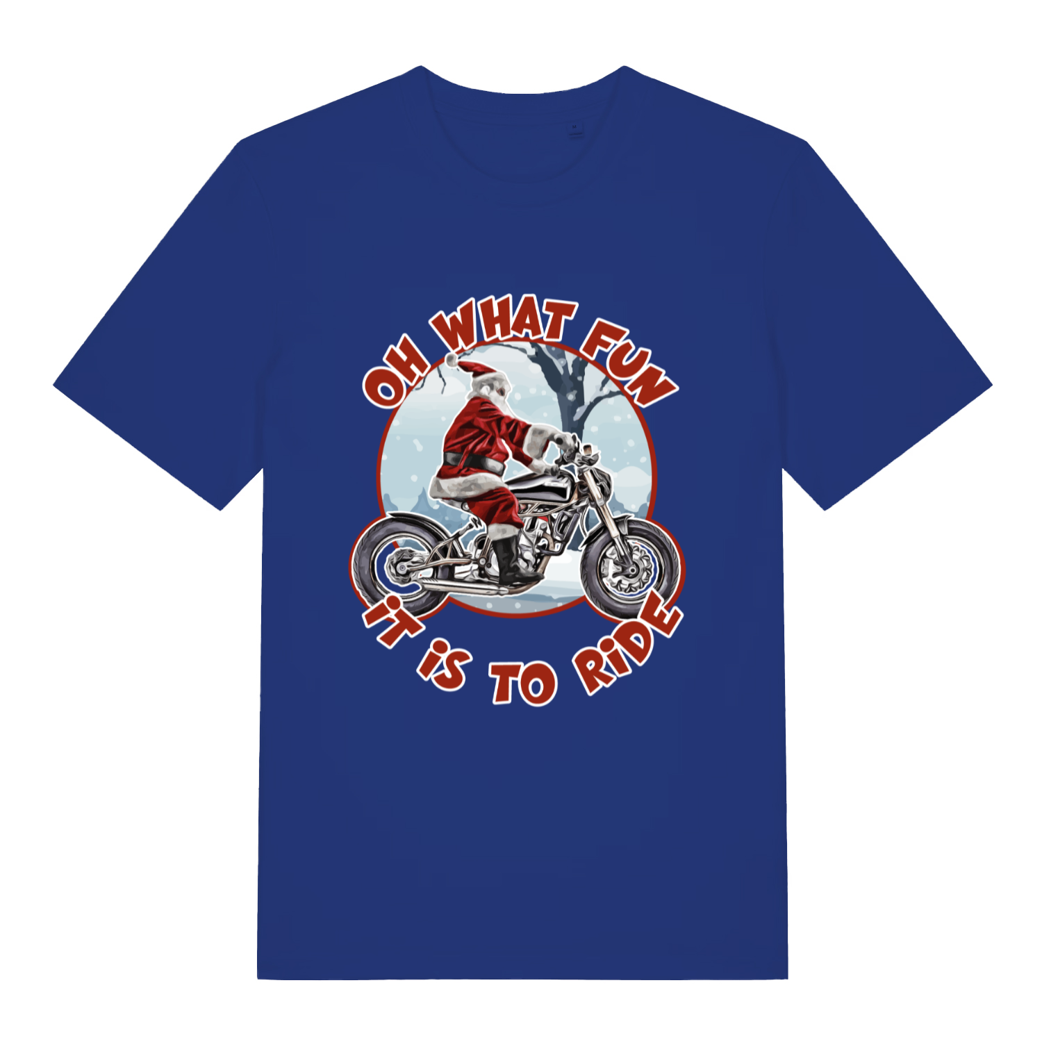 Blue Oh What Fun It Is To Ride funny graphic t-shirt featuring Santa biker design  