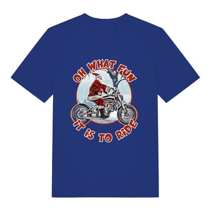Blue Oh What Fun It Is To Ride funny graphic t-shirt featuring Santa biker design  