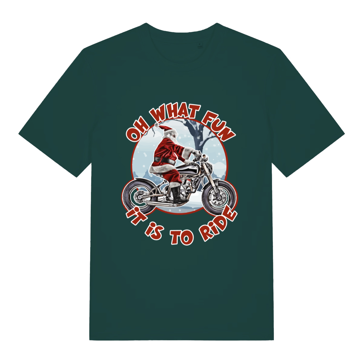 Green Oh What Fun It Is To Ride funny graphic t-shirt with Christmas motorcycle graphic  