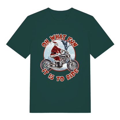 Green Oh What Fun It Is To Ride funny graphic t-shirt with Christmas motorcycle graphic  
