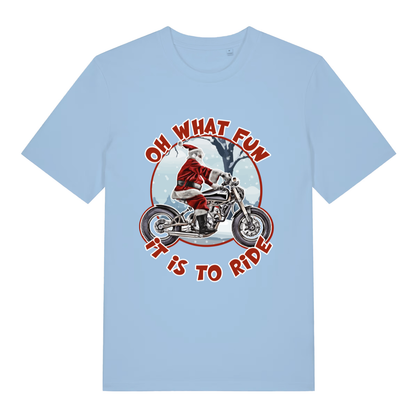 Light blue Oh What Fun It Is To Ride funny graphic t-shirt showing Santa riding chopper  