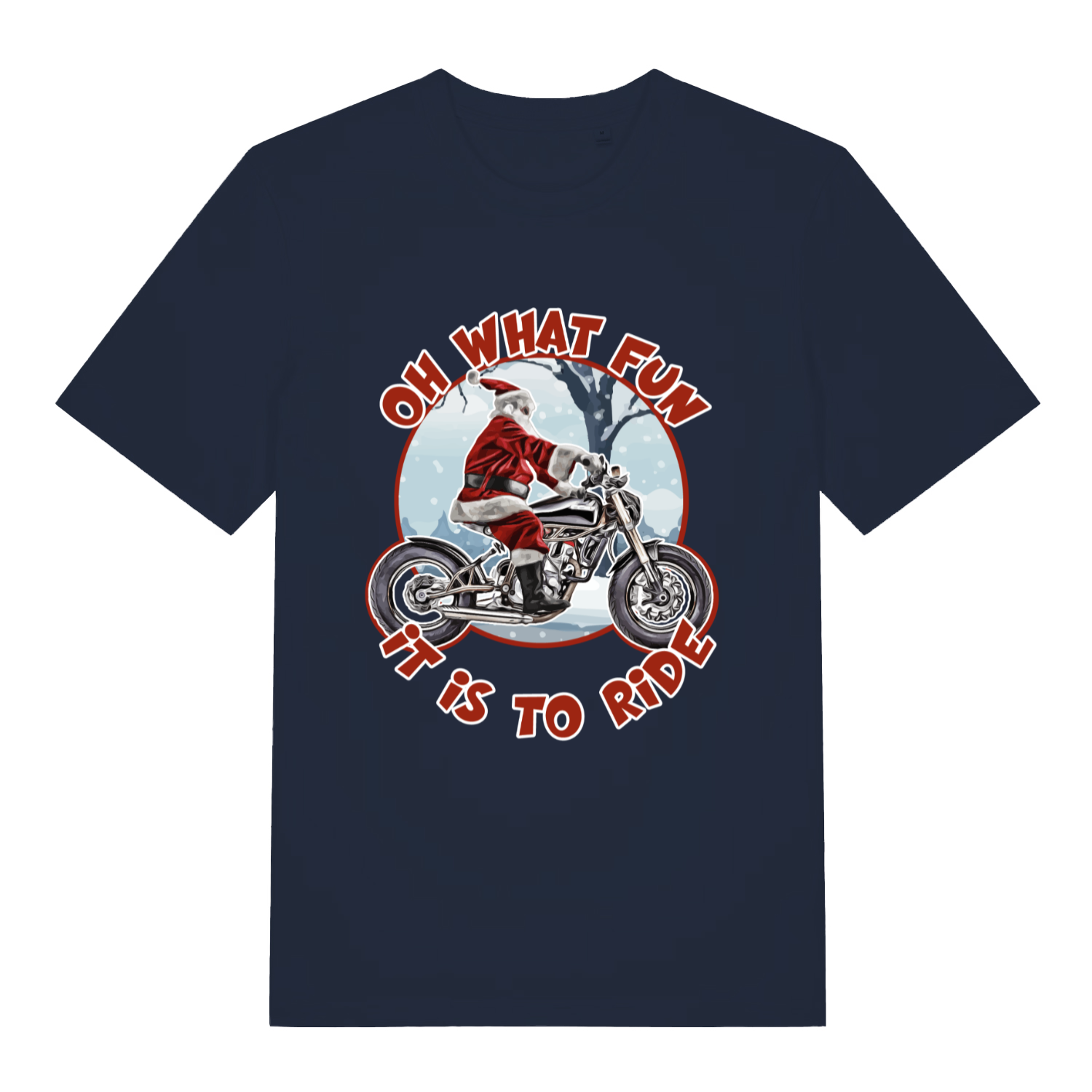 Navy Oh What Fun It Is To Ride funny graphic t-shirt with festive Santa bike artwork  