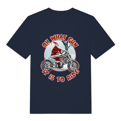 Navy Oh What Fun It Is To Ride funny graphic t-shirt with festive Santa bike artwork  