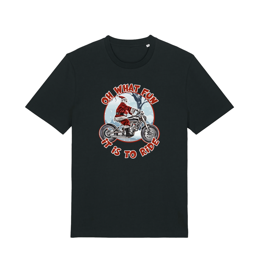 black christmas t-shirt with the graphic of santa riding a motorbike and the slogan 'oh what fun it is to ride'