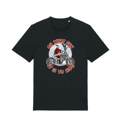 black christmas t-shirt with the graphic of santa riding a motorbike and the slogan 'oh what fun it is to ride'