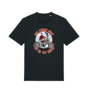 black christmas t-shirt with the graphic of santa riding a motorbike and the slogan 'oh what fun it is to ride'