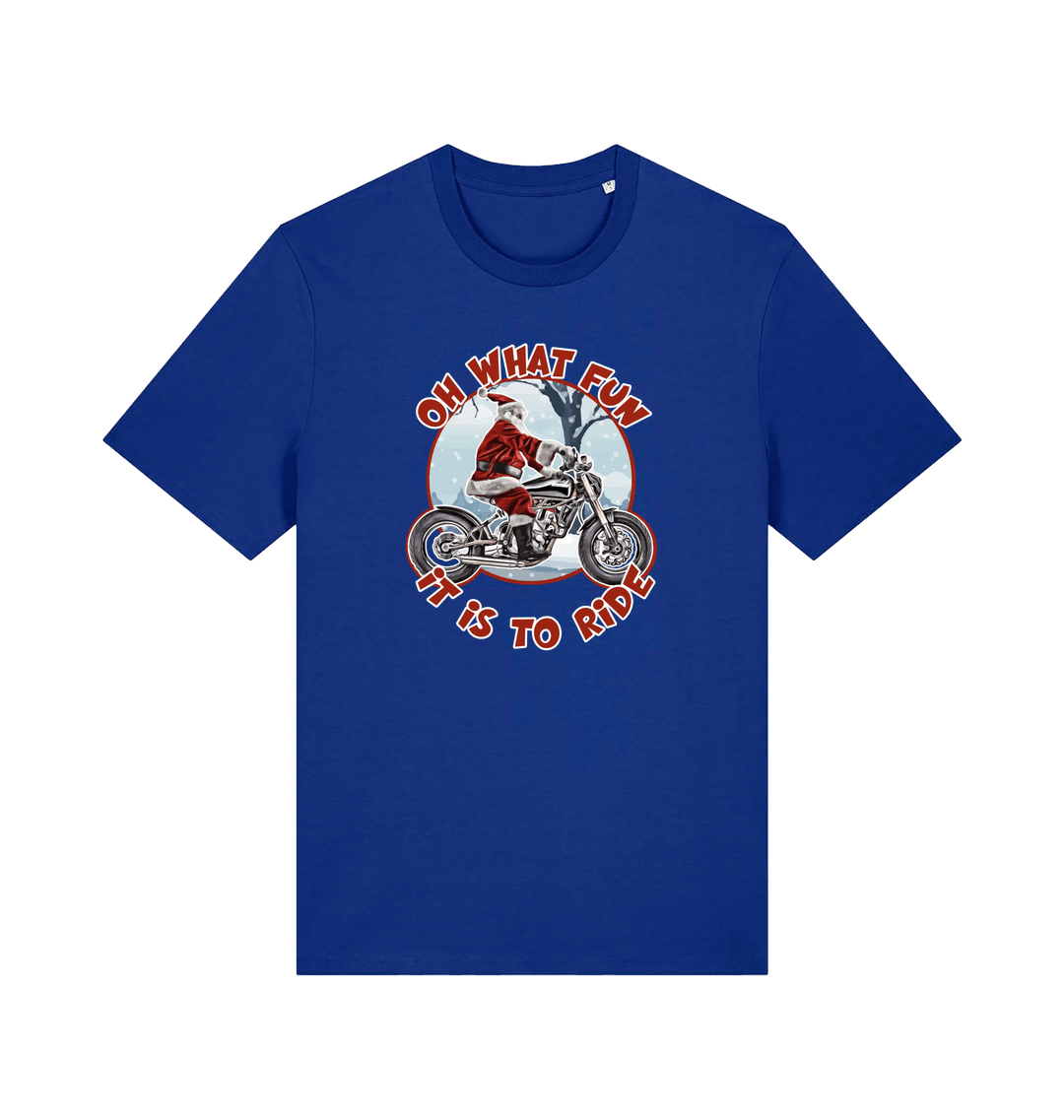 blue christmas t-shirt with the graphic of santa riding a motorbike and the slogan 'oh what fun it is to ride'