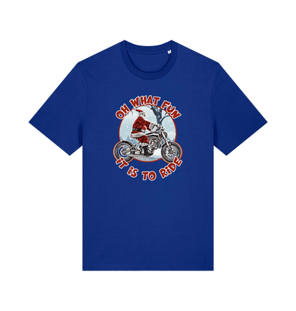 blue christmas t-shirt with the graphic of santa riding a motorbike and the slogan 'oh what fun it is to ride'