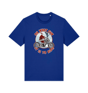blue christmas t-shirt with the graphic of santa riding a motorbike and the slogan 'oh what fun it is to ride'