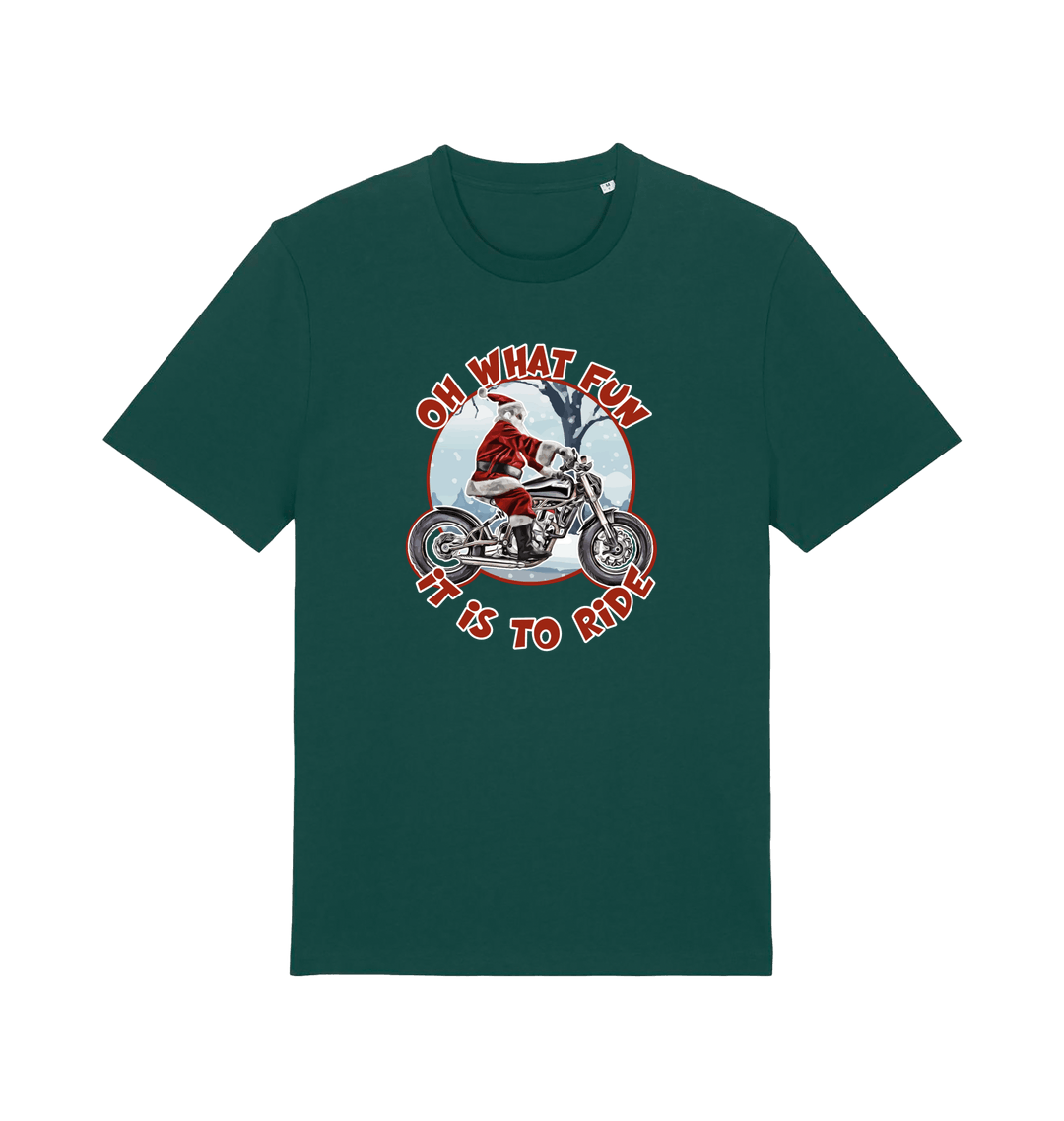 green christmas t-shirt with the graphic of santa riding a motorbike and the slogan 'oh what fun it is to ride'