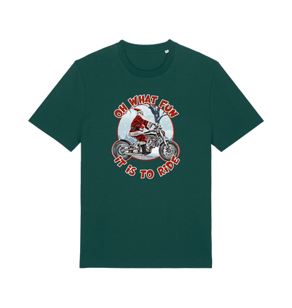 green christmas t-shirt with the graphic of santa riding a motorbike and the slogan 'oh what fun it is to ride'