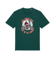 green christmas t-shirt with the graphic of santa riding a motorbike and the slogan 'oh what fun it is to ride'