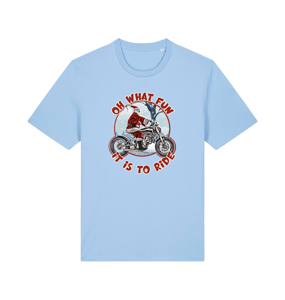 light blue christmas t-shirt with the graphic of santa riding a motorbike and the slogan 'oh what fun it is to ride'