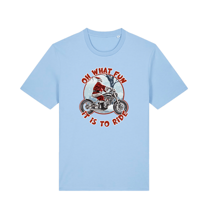 light blue christmas t-shirt with the graphic of santa riding a motorbike and the slogan 'oh what fun it is to ride'