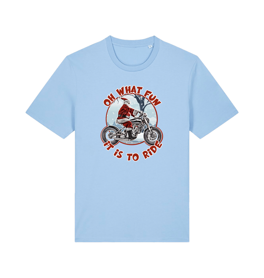 light blue christmas t-shirt with the graphic of santa riding a motorbike and the slogan 'oh what fun it is to ride'