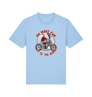 light blue christmas t-shirt with the graphic of santa riding a motorbike and the slogan 'oh what fun it is to ride'