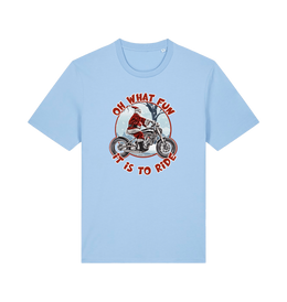 light blue christmas t-shirt with the graphic of santa riding a motorbike and the slogan 'oh what fun it is to ride'