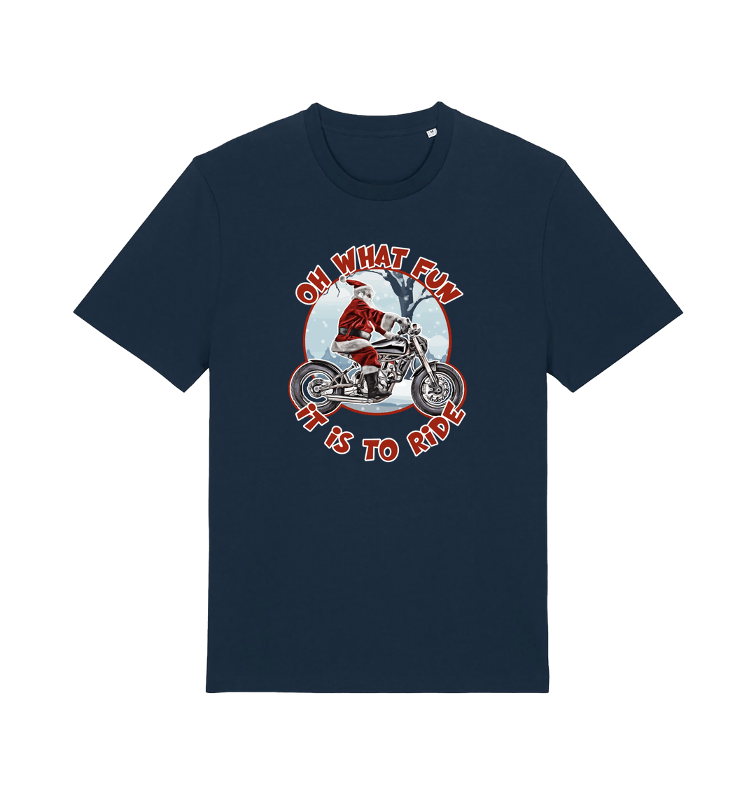 navy christmas t-shirt with the graphic of santa riding a motorbike and the slogan 'oh what fun it is to ride'