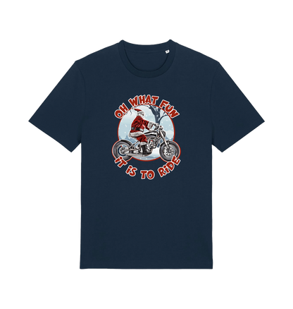 navy christmas t-shirt with the graphic of santa riding a motorbike and the slogan 'oh what fun it is to ride'