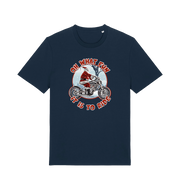 navy christmas t-shirt with the graphic of santa riding a motorbike and the slogan 'oh what fun it is to ride'