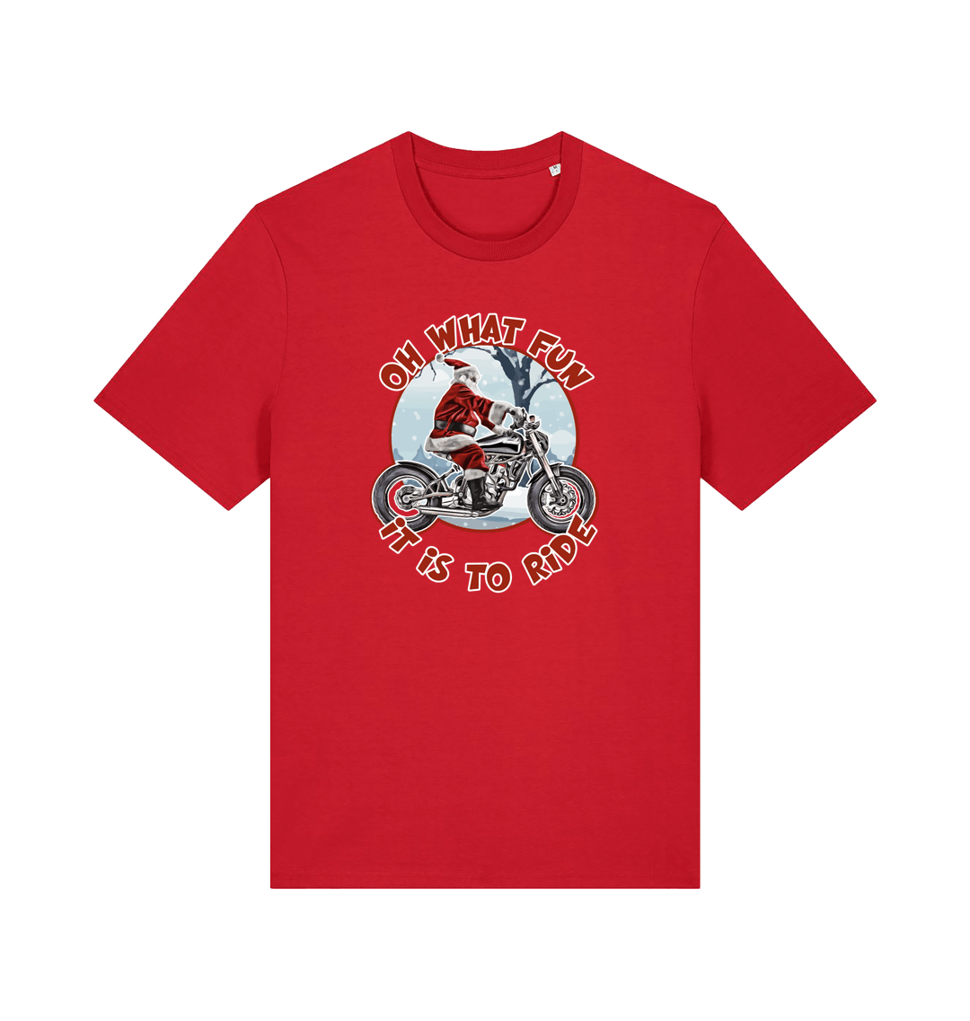red christmas t-shirt with the graphic of santa riding a motorbike and the slogan 'oh what fun it is to ride'