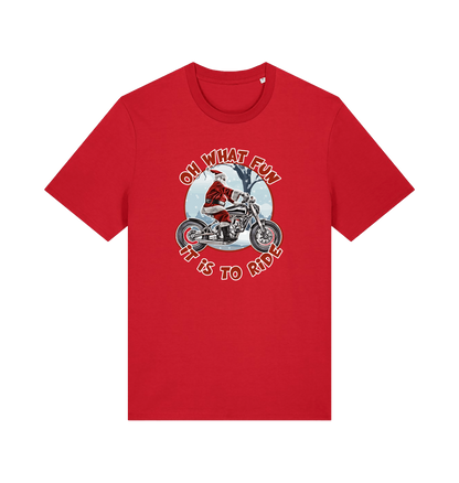 red christmas t-shirt with the graphic of santa riding a motorbike and the slogan 'oh what fun it is to ride'