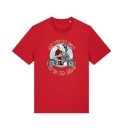 red christmas t-shirt with the graphic of santa riding a motorbike and the slogan 'oh what fun it is to ride'