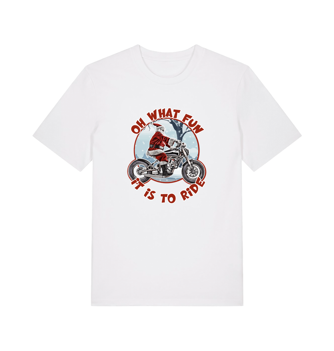white christmas t-shirt with the graphic of santa riding a motorbike and the slogan 'oh what fun it is to ride'
