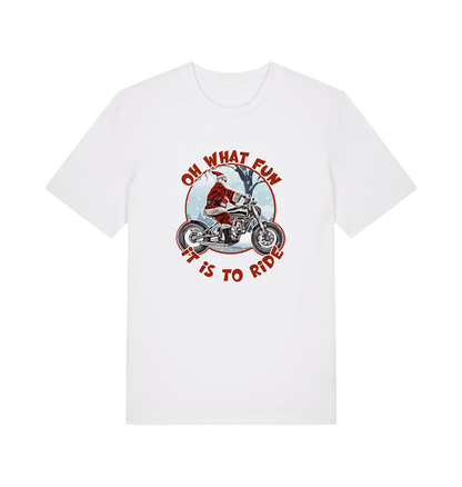 white christmas t-shirt with the graphic of santa riding a motorbike and the slogan 'oh what fun it is to ride'