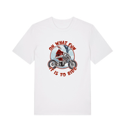 white christmas t-shirt with the graphic of santa riding a motorbike and the slogan 'oh what fun it is to ride'