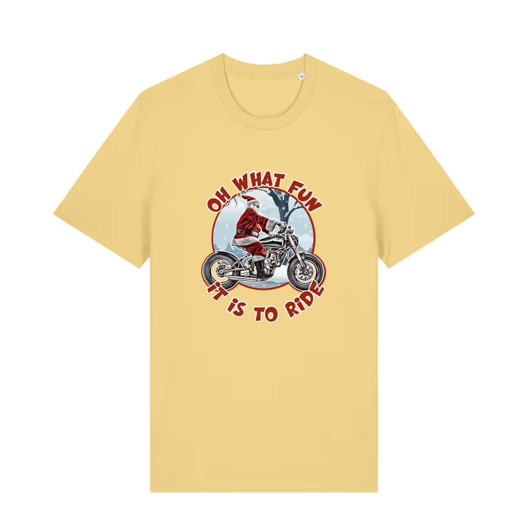 yellow christmas t-shirt with the graphic of santa riding a motorbike and the slogan 'oh what fun it is to ride'