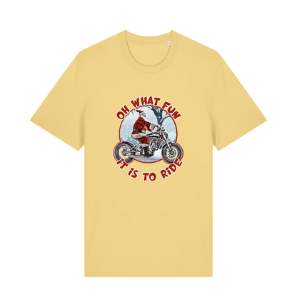 yellow christmas t-shirt with the graphic of santa riding a motorbike and the slogan 'oh what fun it is to ride'