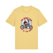 yellow christmas t-shirt with the graphic of santa riding a motorbike and the slogan 'oh what fun it is to ride'