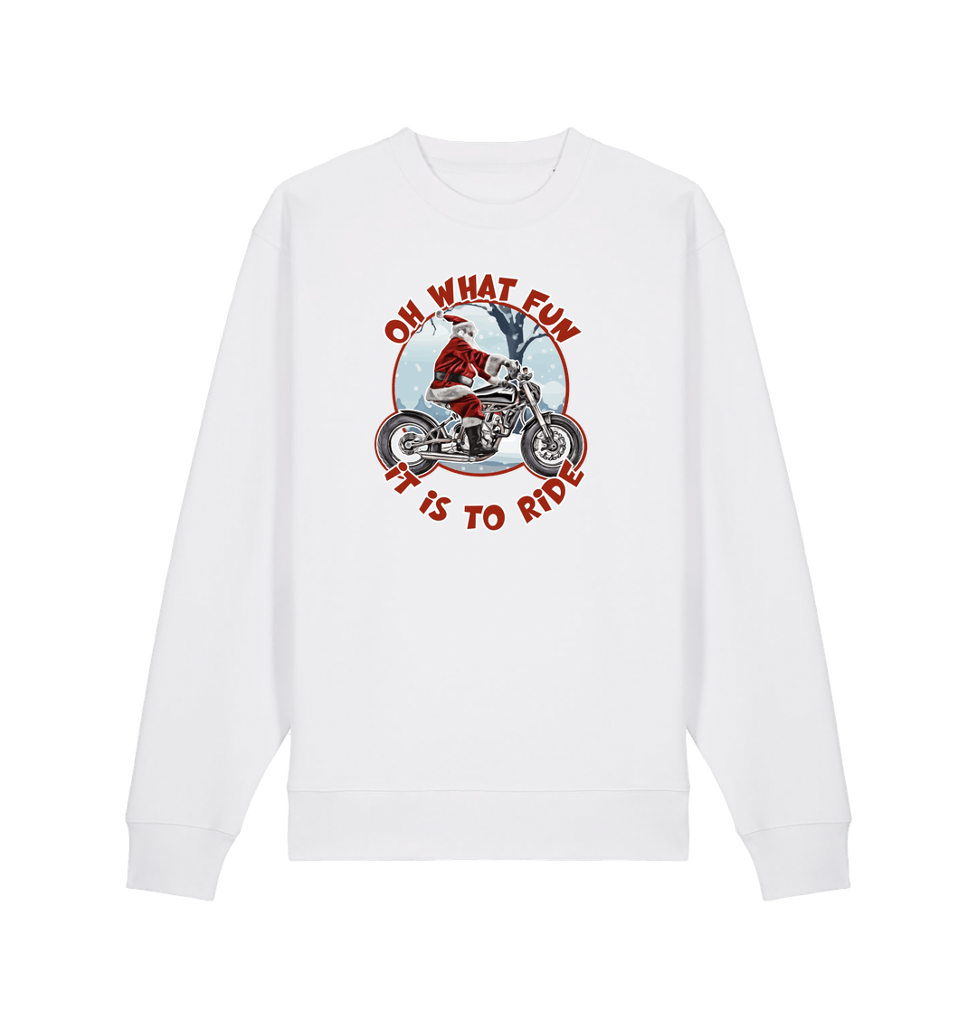 white christmas sweater with the graphic of santa riding a motorbike and the slogan 'oh what fun it is to ride'