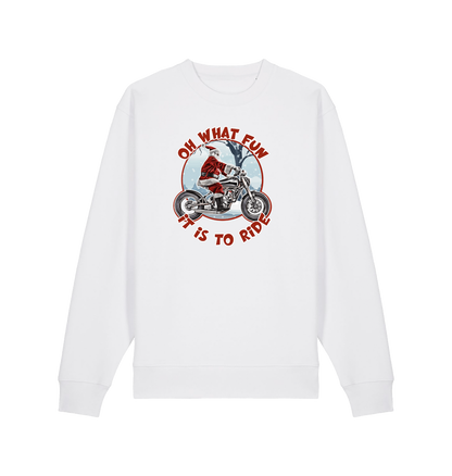 white christmas sweater with the graphic of santa riding a motorbike and the slogan 'oh what fun it is to ride'